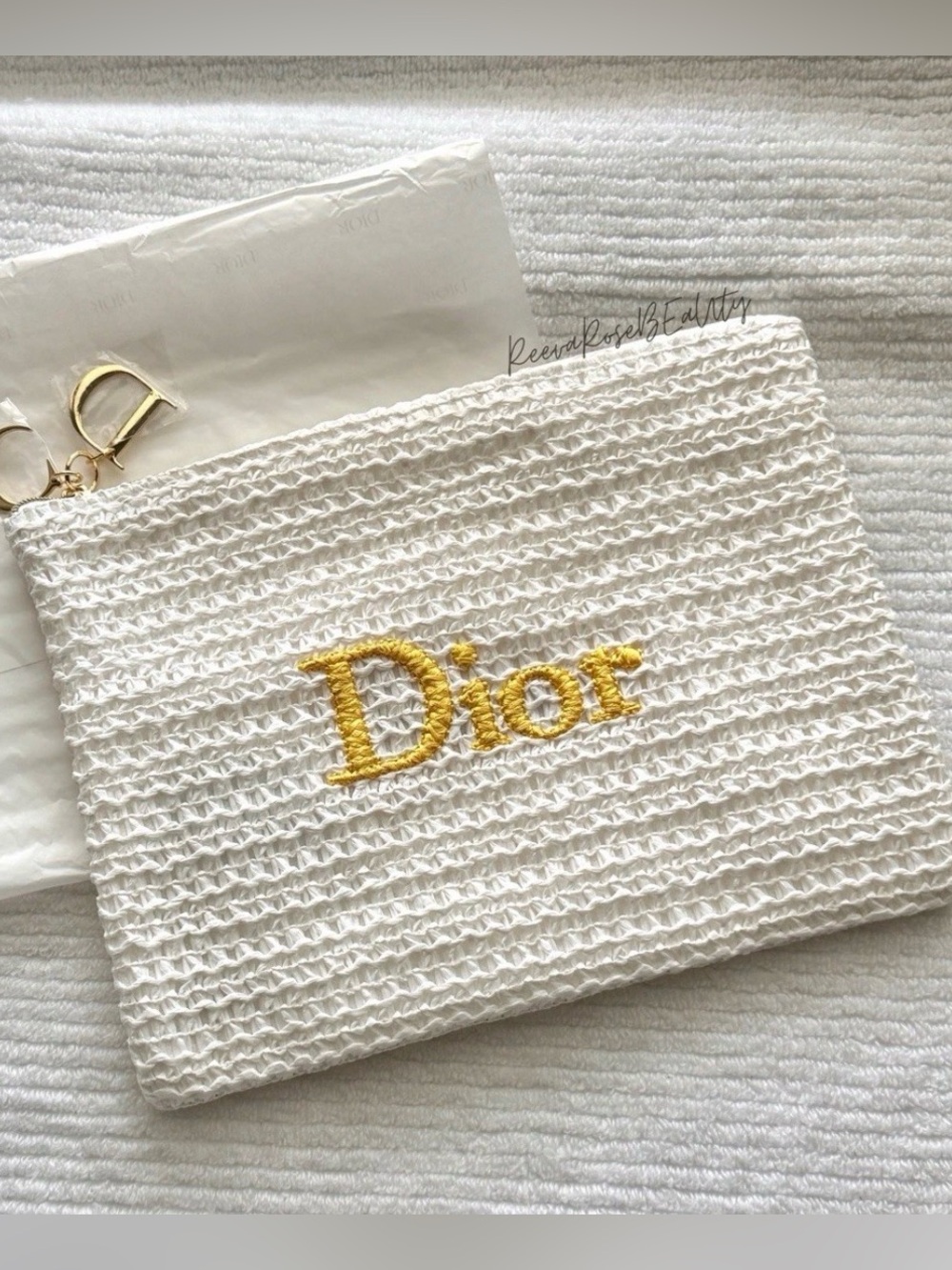 Dior beauty White & Gold Embroidered Zip Pouch bag